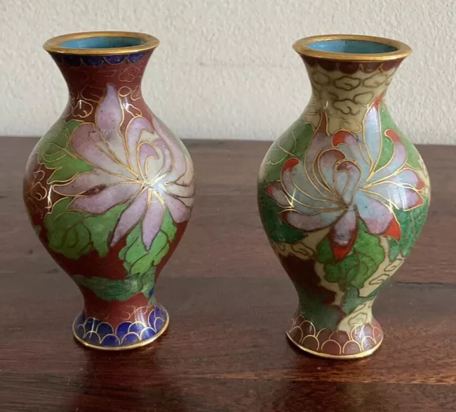 Lovely pair of coordinated Colourful Cloisonné small vases