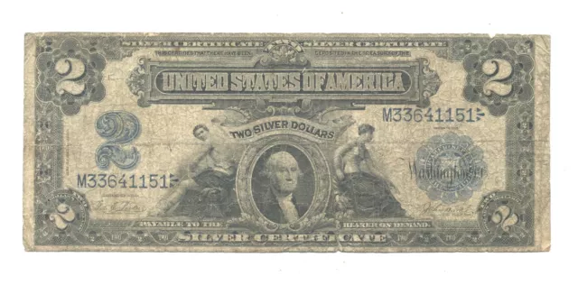 1899 $2 Silver Certificate in approximate VG+ condition, Unique Looking Note.