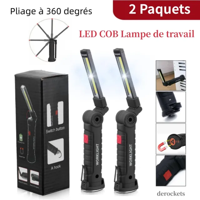 2PC COB LED Lampe De Travail 5 Modes Lampe De Poche USB Puissante Pliage Torche