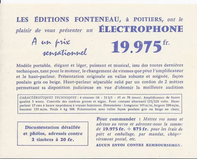 Publicité ancienne _Editions Fonteneau Électrophone Présentation Fiche Technique