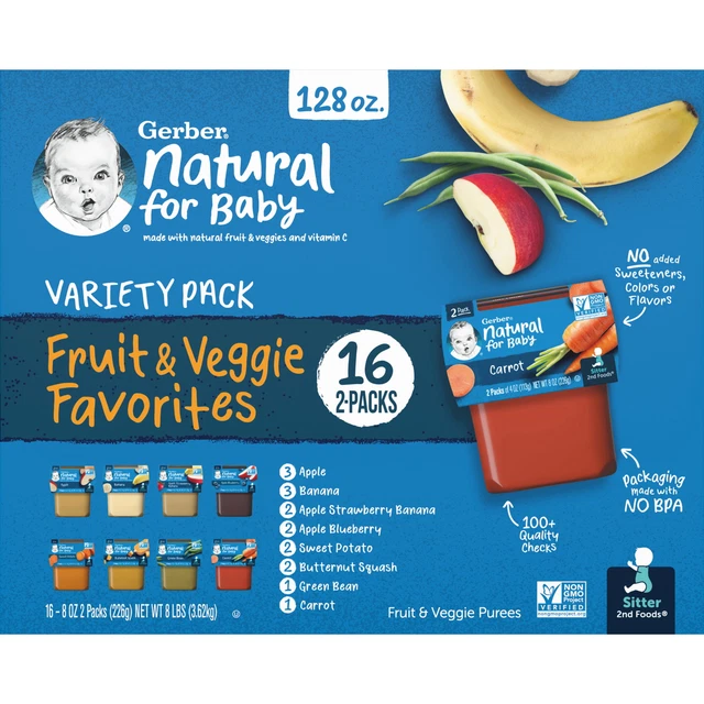 Gerber 2nd Foods Natural for Baby Fruit & Veggie Favorites, Variety Pack, 4 oz T