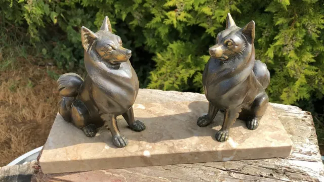 Vintage Art Deco Spelter Dogs on Marble Base Ornament Figures *