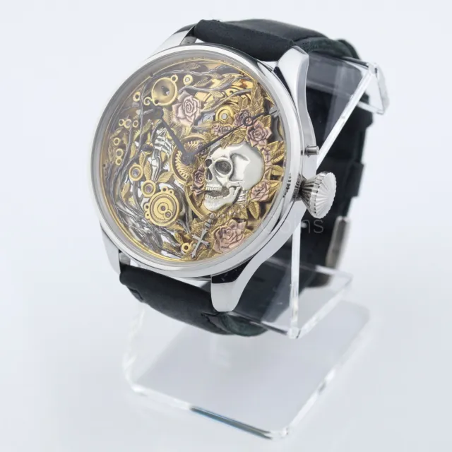 Marriage Watch Skeleton Swiss Engraved Movement Men's Wristwatch "Skull & Roses"