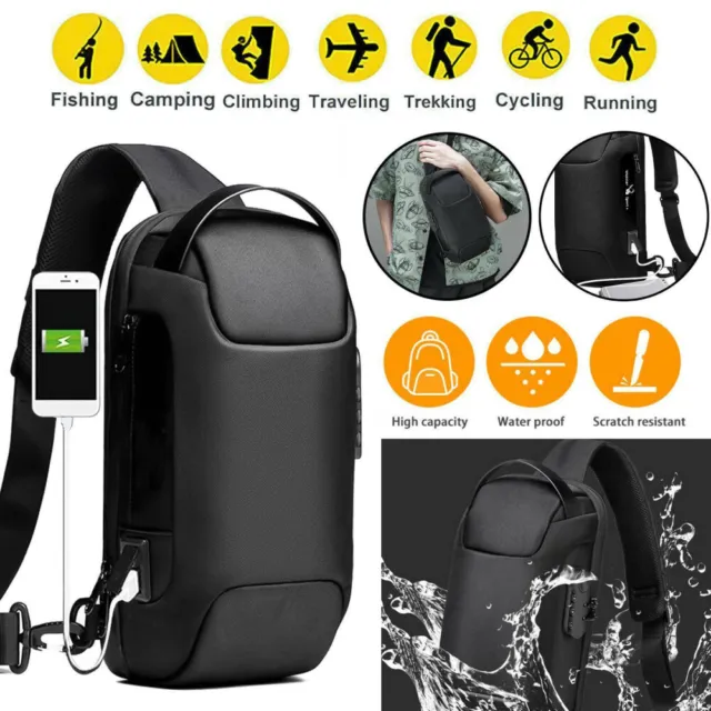 Mens Sling Crossbody Backpack Anti-theft Chest Shoulder Messenger Bag USB Ports