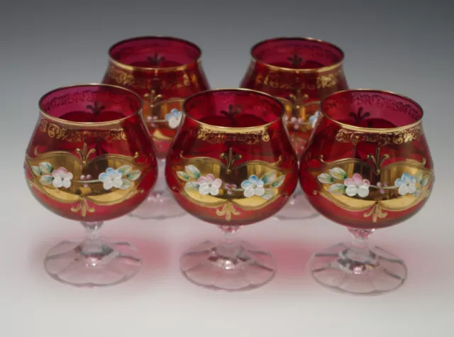 Bohemia Czech Crystal  Set Of 5 Brandy Snifters Enameled Flowers Gold Gilt