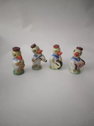 Vintage Occupied Japan Duck Musicians 4pc  Handpainted Ceramic Figurine 3" Music