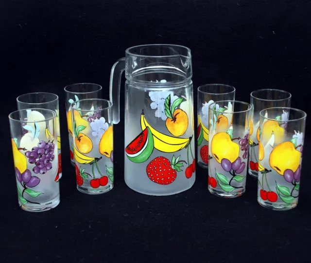 Vintage French Made Pitcher & Highball Glass Set with Colorful Fruit Design