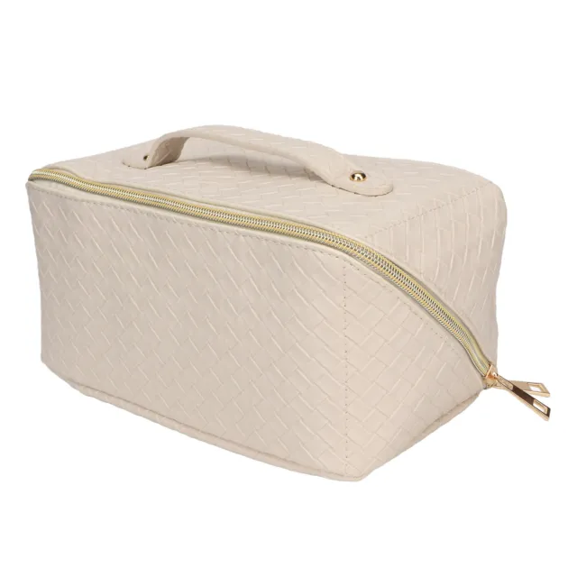 (White)Cosmetic Bag Travel Makeup Bag Makeup Storage Bag PU Leather Woven
