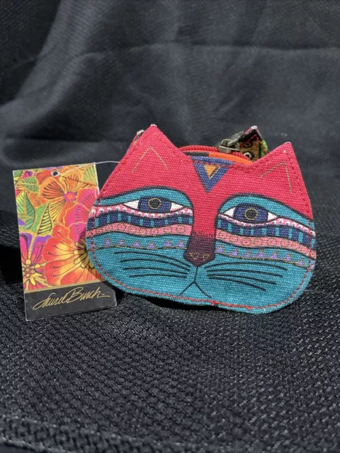 Laurel Burch Cat Face Dimensional Canvas Small Zip Coin Purse Pouch Red