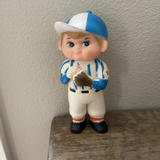 VINTAGE STAHLWOOD BOY Baseball Player Rubber Squeaky Toy Blue White 6.5