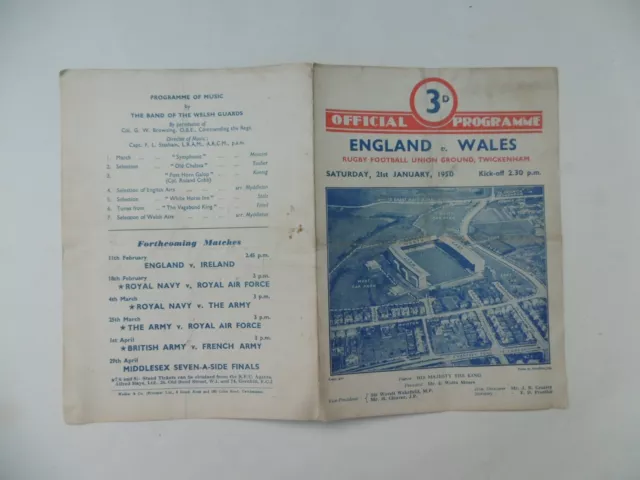 'England v. Wales Rugby Football Programme, Sat. 21st. Jan. 1950.