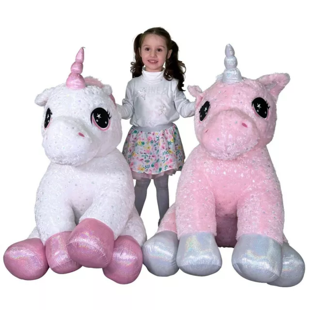 GIGANTE PELUCHE UNICORNO Rosa 95 cm Seduto Pony Cavallo Magico EUR