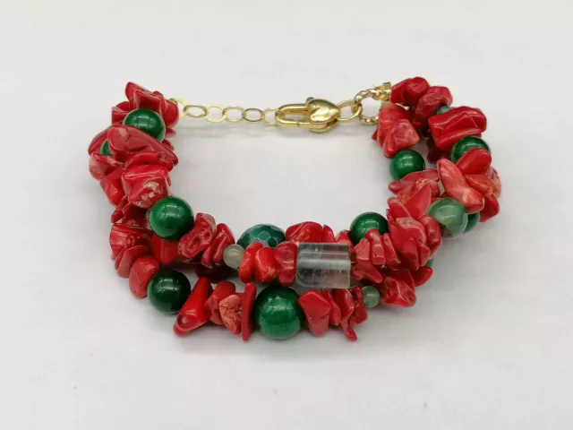 Femmes Bracelet Rouge Vert Corail Bambou Agate Fluorine Argent Plaqué Or 3