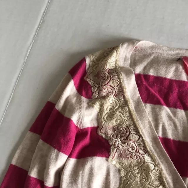 Charlotte Tarantula Pink Stripe Lace Detail Gold Button Cardigan Sweater S A355 3