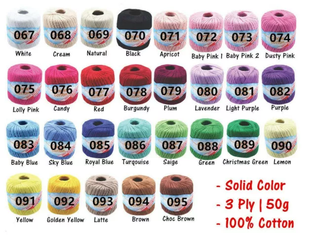 3 Ply 100% Cotton Ball Crochet Knitting Yarn 50g Choose Color