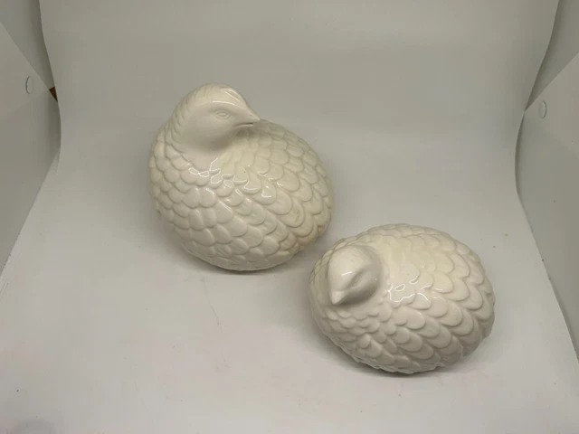 Vintage Pair of Ceramic White Quail Bird Figurines Handmade Signed Mid Century