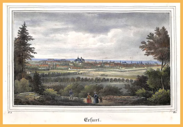 ERFURT Ansicht 1838 handkolorierte Lithographie in schönem Holzrahmen  ORIGINAL