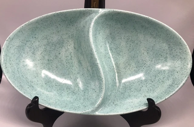 Vintage Teal Speckled Art Dish Signed C.Neal 1965 Divided Bowl MCM Retro Colors