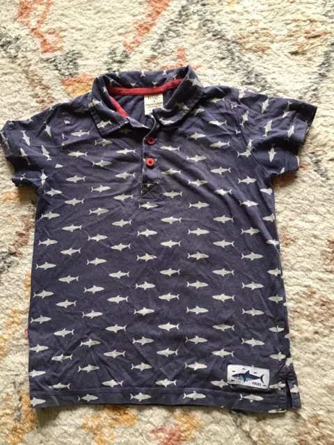 Frugi Organic Boys' Blue Penwith Shark Print Polo T- Shirt Age 5-6 Years