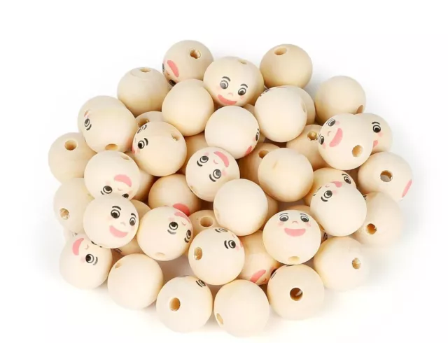 60Pcs Smile Face Round Natural Wooden Beads DIY Handcraft Jewelry Making