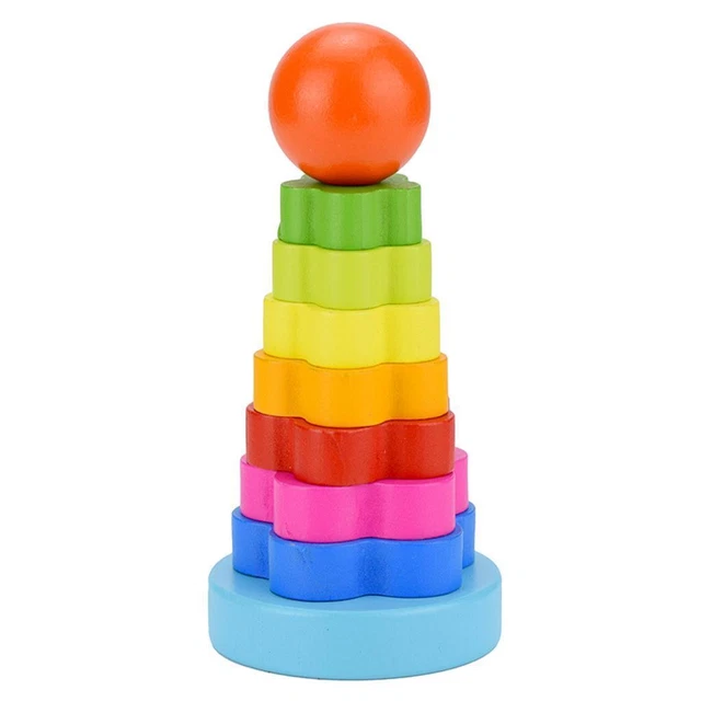 Wooden Rainbow Stacking Ring Blocks Tower Kids Toddler Educational Toy Gift