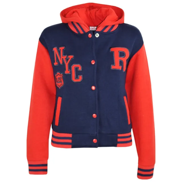 Kids Girls Boys Navy & Red Baseball Hooded R Fashion NYC Jacket Varsity Coat