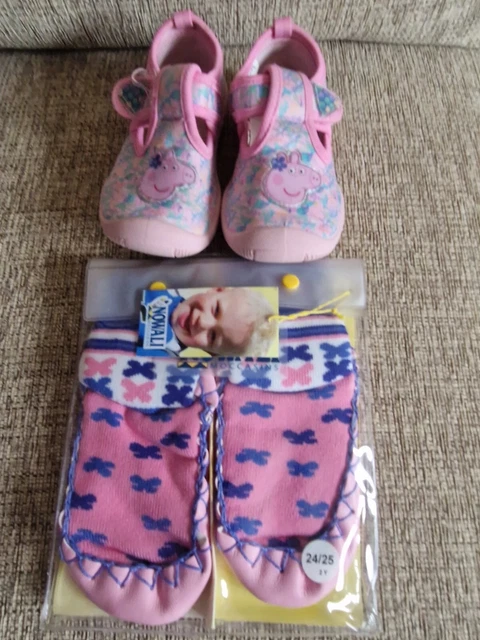 Girls Nowali Moccasins Slipper Socks Real Leather Sole 6.5-8 +peppa Pig Slipper