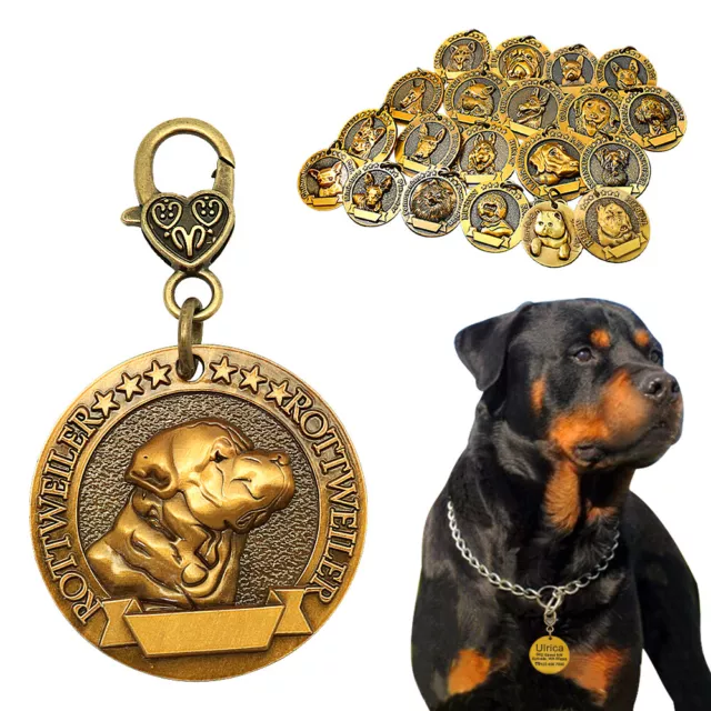 3D Brass Personalised Dog Tag Custom Pet Name ID Free Engraved Round 21 Breeds