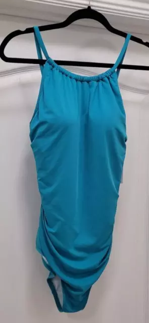 NWT Jantzen Solid Teal Size 10 One Piece Swimsuit Adjustable Straps Ruched Sides