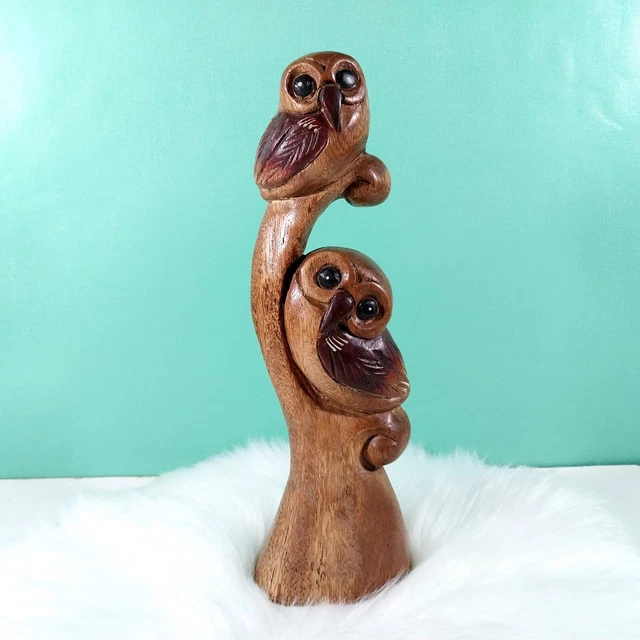 WOODEN OWLS Wood Carved Handmade Collectible Gift Home Decor 10" High So Cute