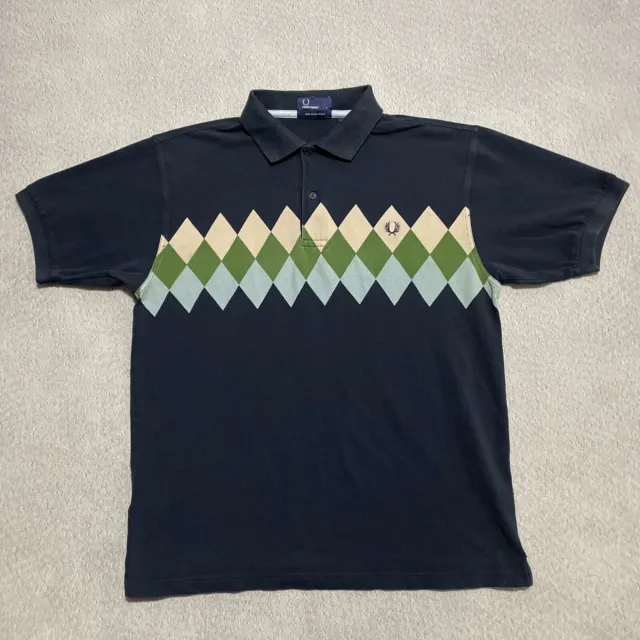 Fred Perry Polo Shirt Mens Large Navy Green Tan Argyle Diamond Pattern VTG Y2K