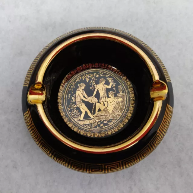 Vintage Greece Black and 24kt Gold Ashtray Greek Gods Scene Handmade