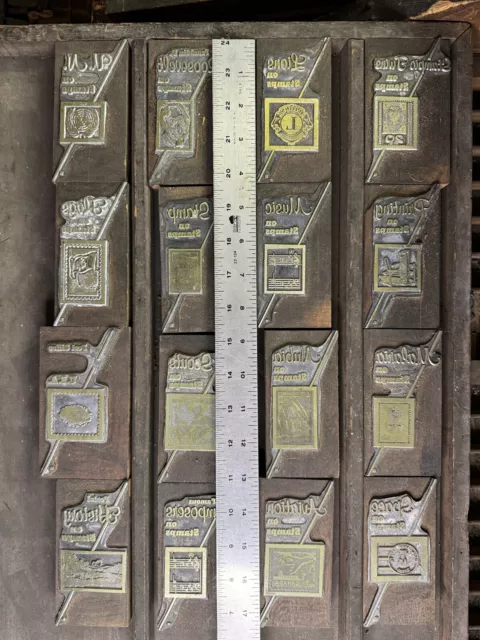 Lot of 16 Letterpress Stamps-Themed Vintage Printing Plate Blocks