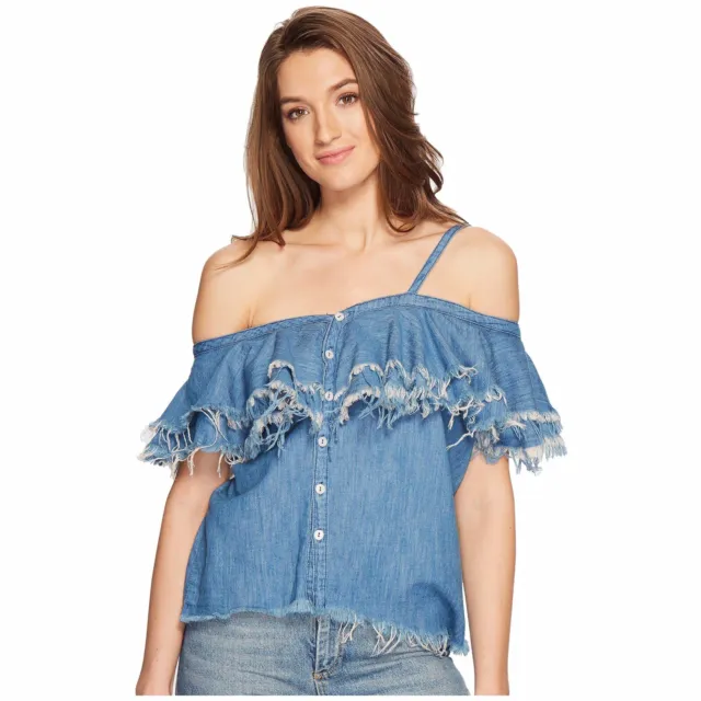 Blank NYC Asymmetric Raw Frayed Edge Ruffle Denim Cold Shoulder Shirt Top Medium