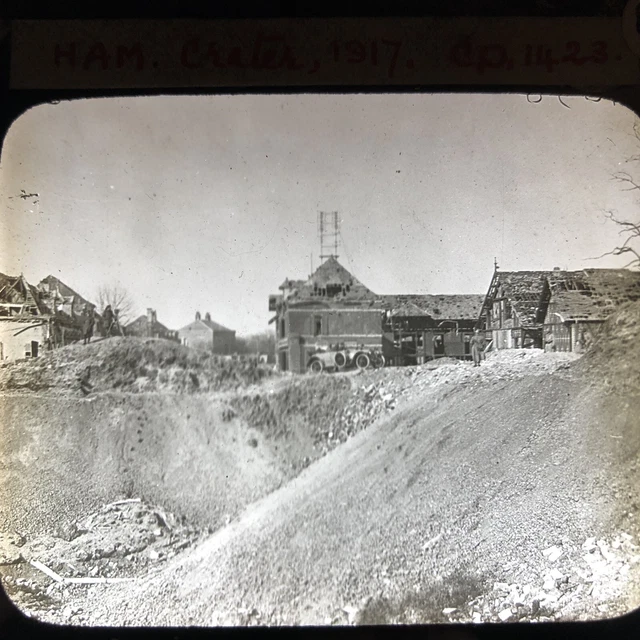 Antique magic lantern slide Photograph Photo WW1 Ham Crater 1917 Bomb Damage War