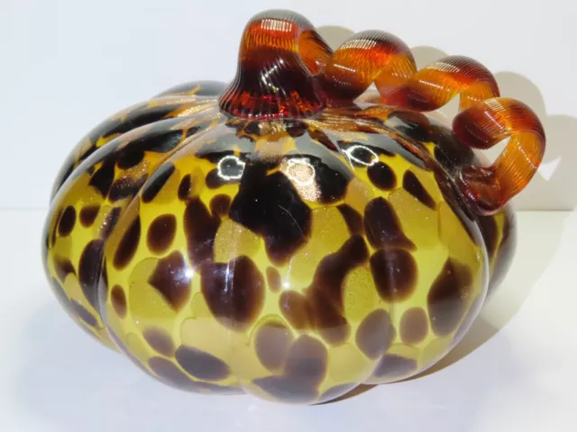 Art Glass Hand Blown Pumpkin Black Leopard Spot Amber Curly Stem 6" Tall 8" Wide