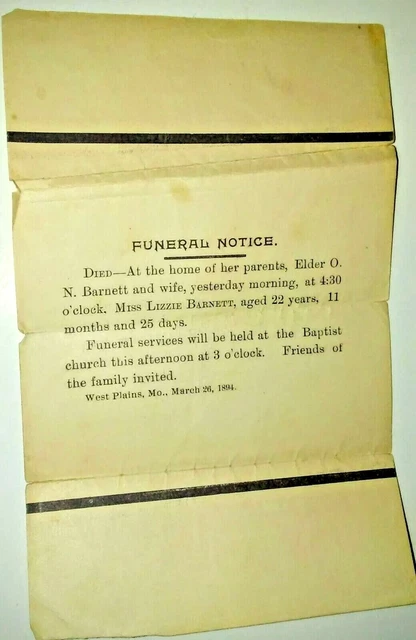 FUNERAL NOTICE 1894 WEST PLAINS MO LIZZIE BARNETT Age 22