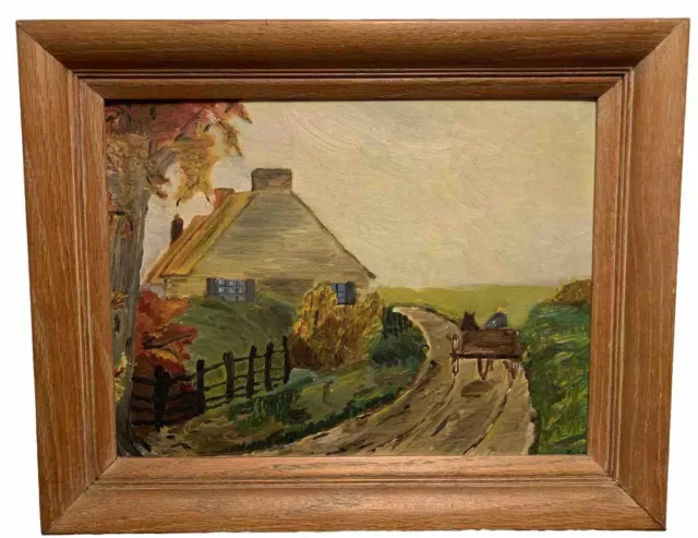 VTG Signed Original Folk Art Oil Painting Framed Thatched Cottage Horse & Buggy