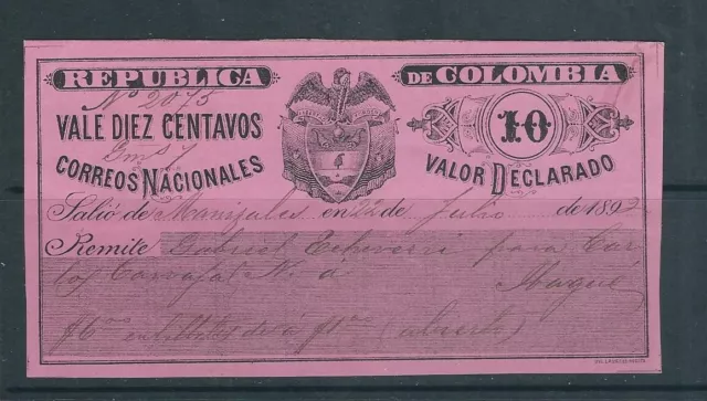 Colombia 1892 Valor Declarado Briefmarke Gummi Auf Rückwärtsgang 10 Centavos