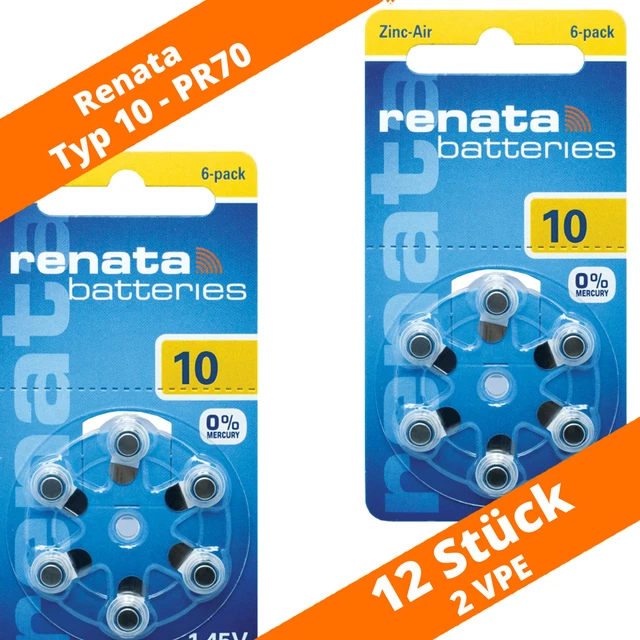 12 pilas de audífonos Renata PR70 amarillo 10 PR70 2 x 6 blíster NUEVO 1,45V