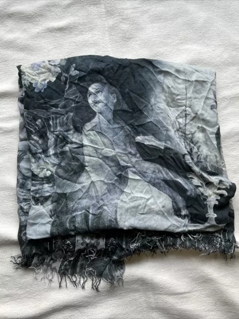 Etro Scarf Black White Flower Woman Baroque Modal Cashmere Shawl