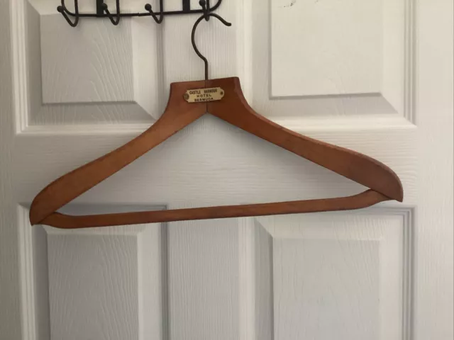 Vtg.1930's Wooden Coat Hanger -Castle Harbor Hotel, Bermuda, w/ plastic name tag