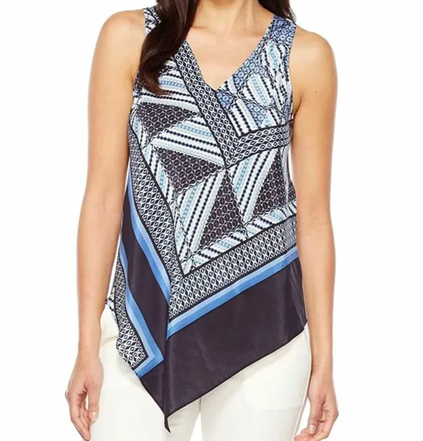 $268 Nic+Zoe Women's Blue Calypso Printed Sleeveless Silk Blend Tank Top Size XS