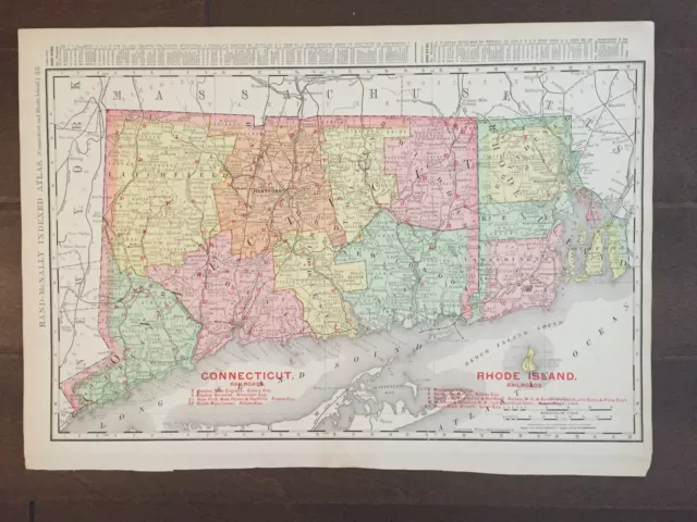 Large 14 1/2" X 20 3/4" COLOR Rand McNally Map of Connecticut & RI-1905