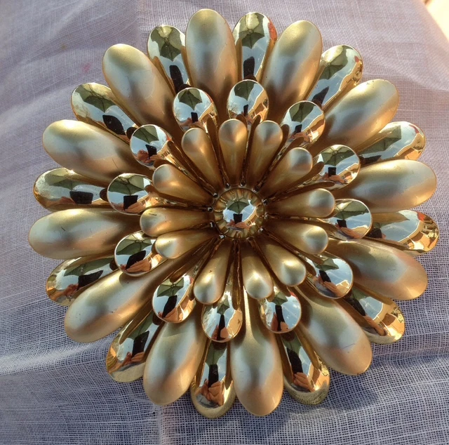 Vintage Flower Power Gold Tone Metal Pin 4 Petal Layers 3" Diameter