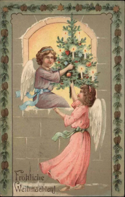 Frohliche Weihnachten Christmas Little Girl Angels German Cancel c1910 Postcard