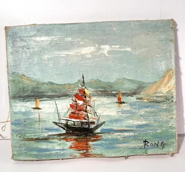 Small 5" x 4" Oil Painting ~ Signed BONG ~ Sailboats Seascape ~ Canvas on Board