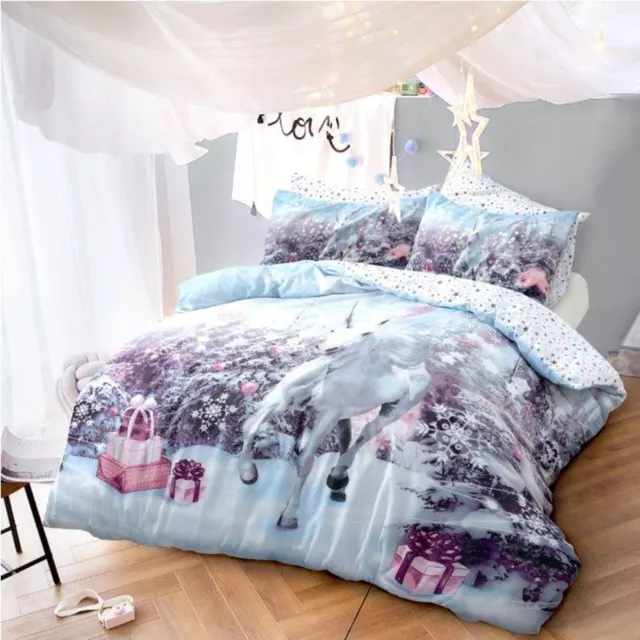 Luxe Unicorn Noël Enfants Ensemble de Couette Lit Fête Housse Literie Neuf