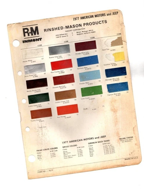 1977 AMC COLOR Chip Paint Sample Brochure/Chart: JEEP, GREMILN, HORNET ...
