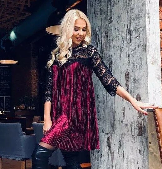 Mini Abito Vestito Corto Pizzo Ciniglia Da Donna Velluto Sera Sexy Elegante